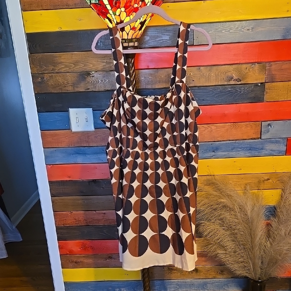 Square Neck Brown and Cream Geometric Circle Dress   🤎  NEW